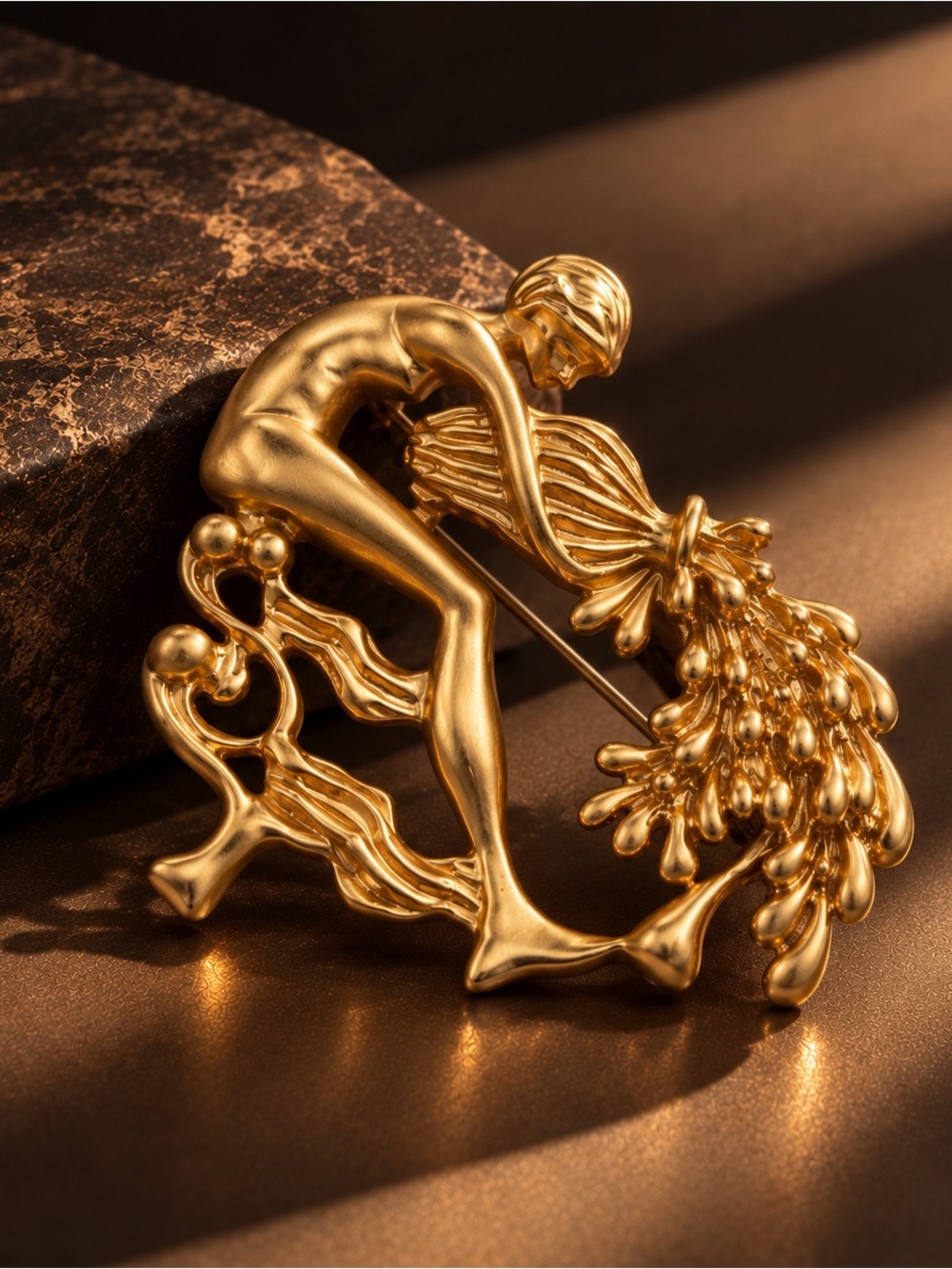 Gold Aquarius Zodiac Sign Brooch Blazer Pin Schiaparelli Style Jewelry